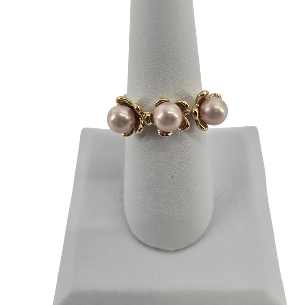 Unbranded Ring Womens 7.5 Floral Bypass Pink Faux Pearl Gold Tone EUC